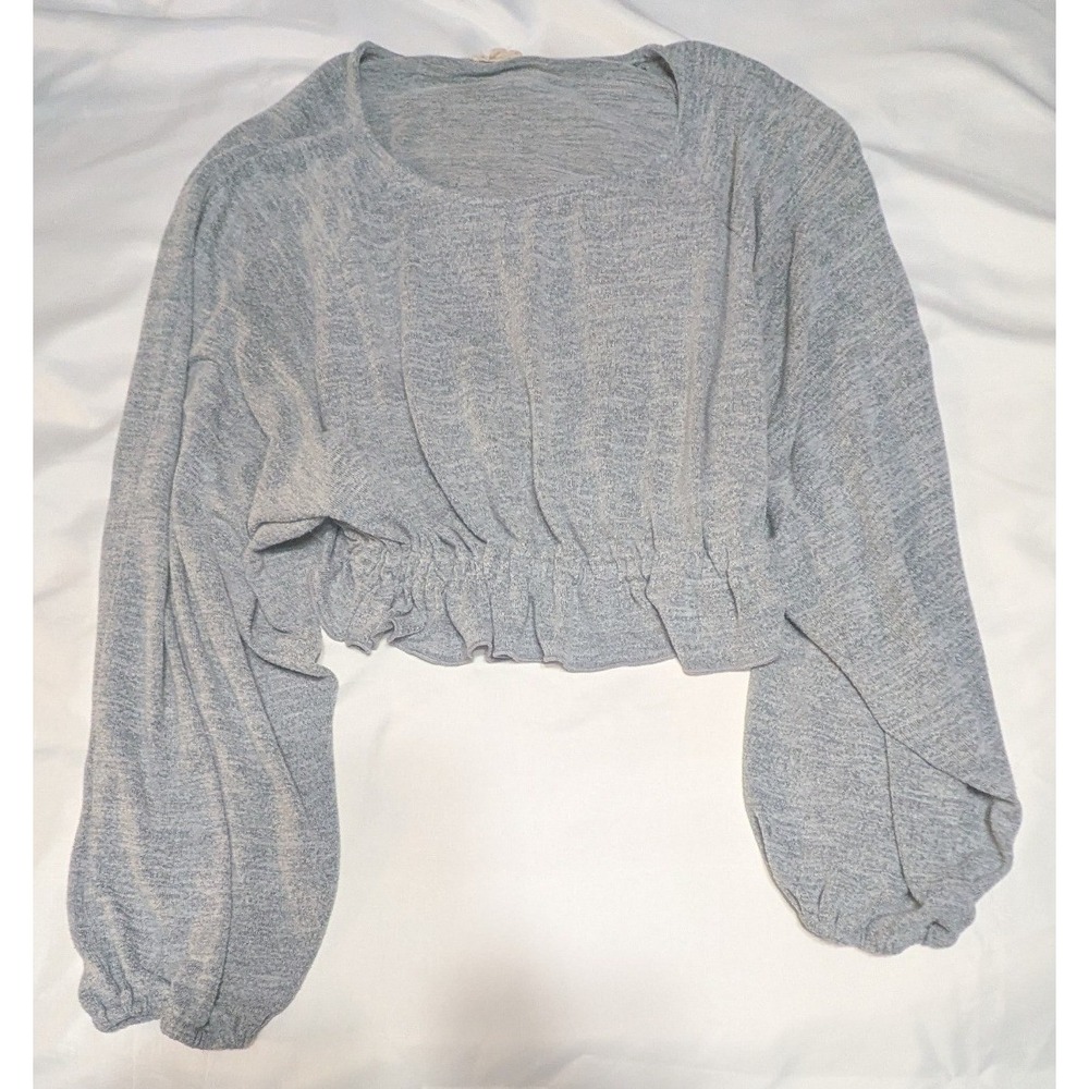 Bittersweet Cropped Sweater Womens Large Blue Gray Balloon Sleeve Peplum